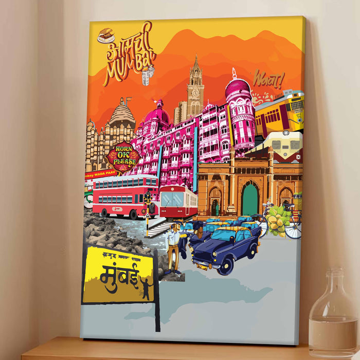 Mumbai Landmarks Collage Mixed Media Canvas Wall Painting | Travel pop art Canvas Wall Painting For Home and Office Wall Décor (41x56 cm)