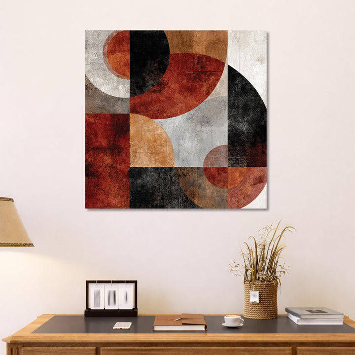 Modern Abstract Geometric Stretched Canvas Wall Art Painting For Living Room, Bauhaus-Inspired Rust, Terracotta & Black Circles Painting, Mid-Century Boho Decor for Living Room & Office (56xx56 cm)