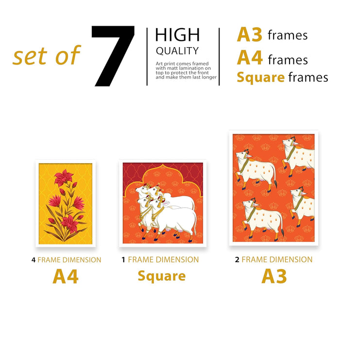 Art Street Set of 7 Indian Wall Art Print Cow with Flower Theme Framed Vintage Poster for Home (Size: 9.3x12.7, 13x13 & 12.7x17.5 Inch)