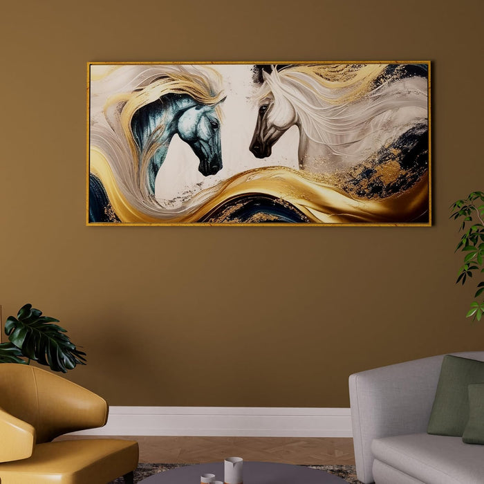 Art Street Abstract Two Horse Large Canvas Painting Panel for Home Décor (Gold, 23x47 Inch)