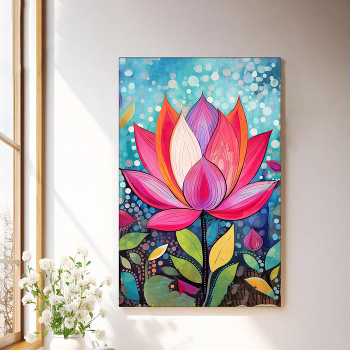 Abstract Multicolor Folk Art of Lotus Floral Stretched Canvas Painting with Frame – Wall Art – Framed Canvas Wall Décor (23x35 Inch)