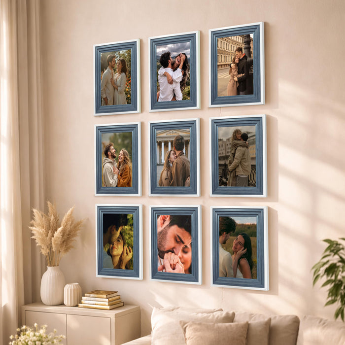 Art Street Luxury Photo Frame for living room, Modern Step Design Photo Frames for Photograph, Art Work, Kids Room Set of 9 (A4, 8x12 Inch, Blue)