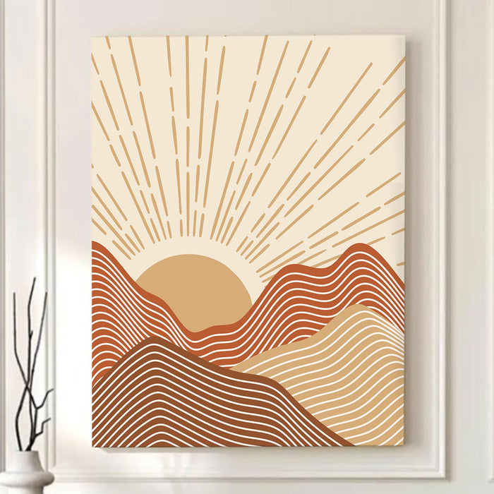 Abstract Sun Rise Mountains Stretched Canvas Wall Art Modern Boho Illustration Painting for Home & Office Wall Decor, (16x22 Inch)