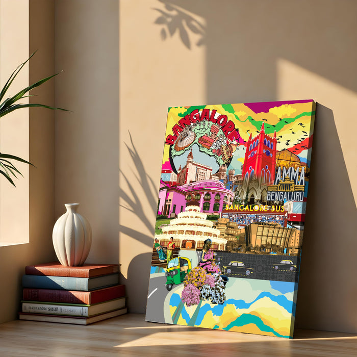 Bangalore Landmarks Collage Mixed Media Canvas Wall Painting | Travel pop art Canvas Wall Painting For Home and Office Wall Décor (41x56 cm)