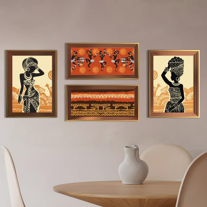 African Girls Black Female Figures Framed Wall Art Painting, Art Prints for Home Décor (Set of 4, 2-12x16 & 2-8x18 Inch)