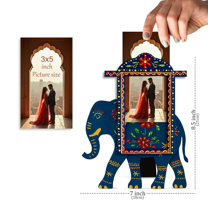 Elephant Photo Frame Handcrafted Indian MDF Decorative Tabletop Frame Ethnic Rajasthani Handpainted Wooden Elephant Photo Frames 18x22 cm