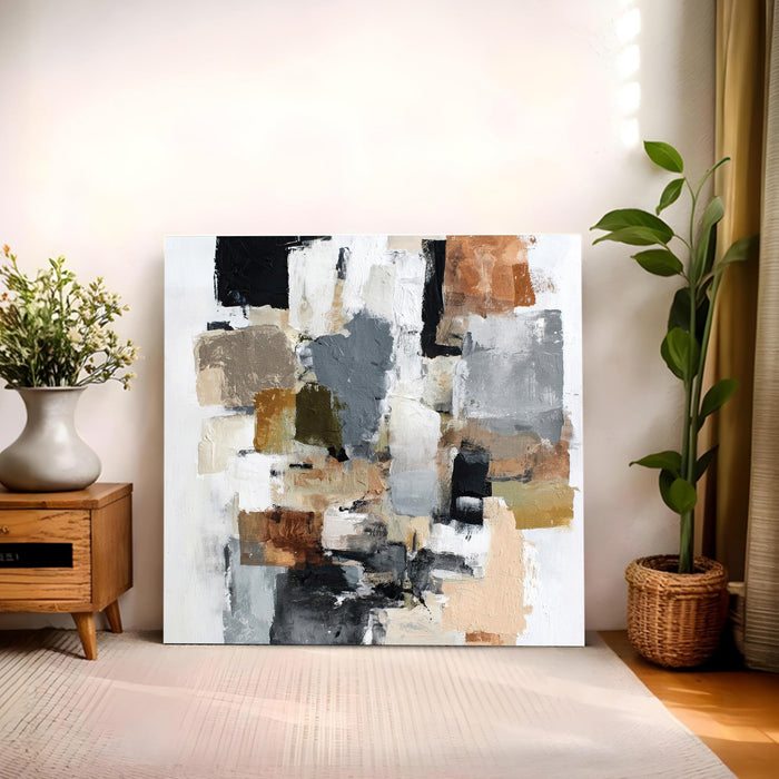 Modern Abstract Stretched Canvas Wall Art Painting For Living Room, Textured Geometric Oil Painting in Earthy Tones, Large Stretched Gallery Wrap for Living Room & Office (56xx56 cm)