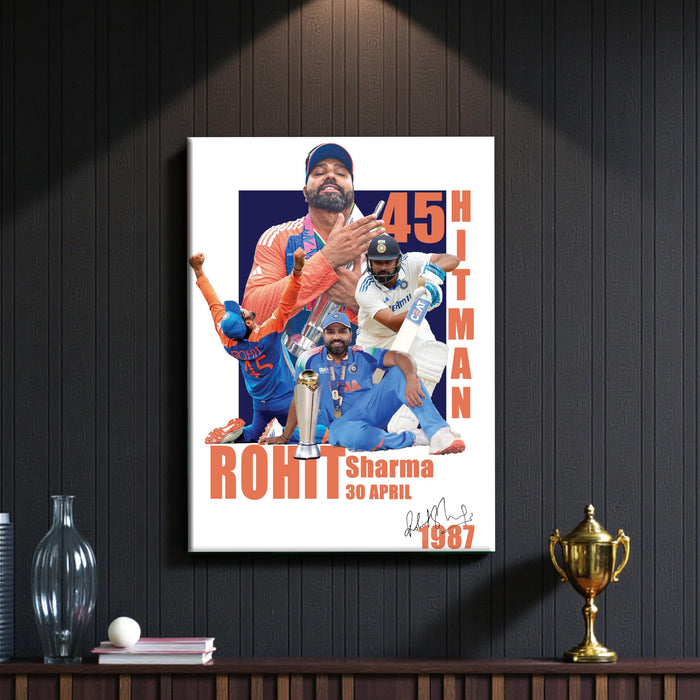 Rohit Sharma Stretch Canvas Painting Wall Art Poster, Hitman 45, Indian Cricket Team Fan Gift, Motivational Print for Bedroom, Living Room, Office & Home Decor, Rohit Sharma Canvas Poster 16 x 22 Inch