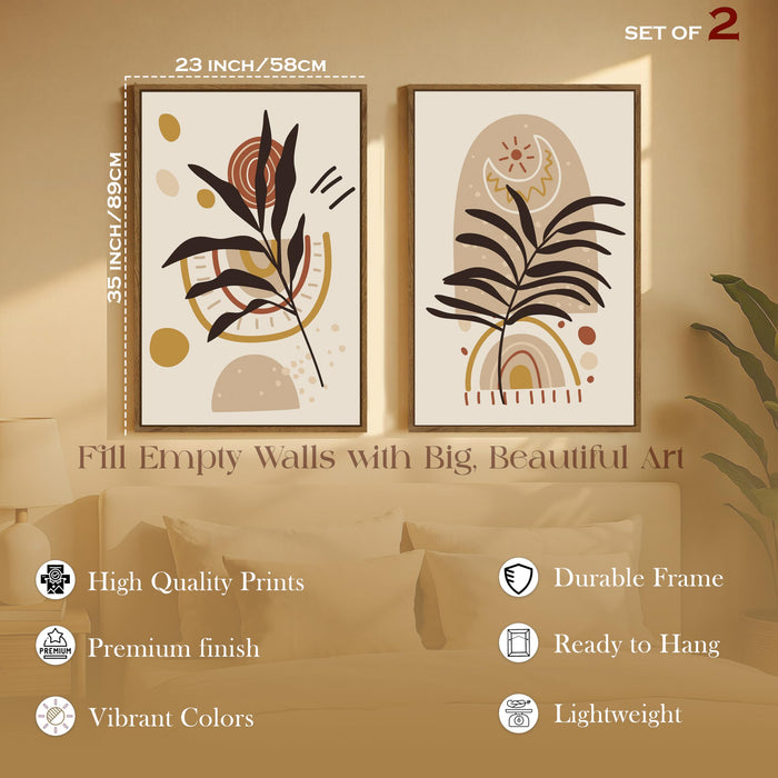 Boho Leaf Flower Moon and Sun Canvas Wall Painting Bohemian Large Wall Art Painting for Living Room Decoration, Stylish Large Wall Art Print for Wall Decor (Set of 2, 58x89 cm)