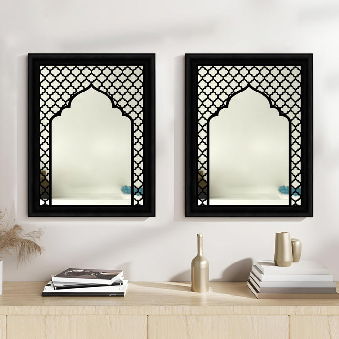 Decorative Acrylic Mirrors with Mughal Design MDF Jali Set of 2 | Two Black Jharokha Wooden Wall Mirror Panel (18x14 Inch)