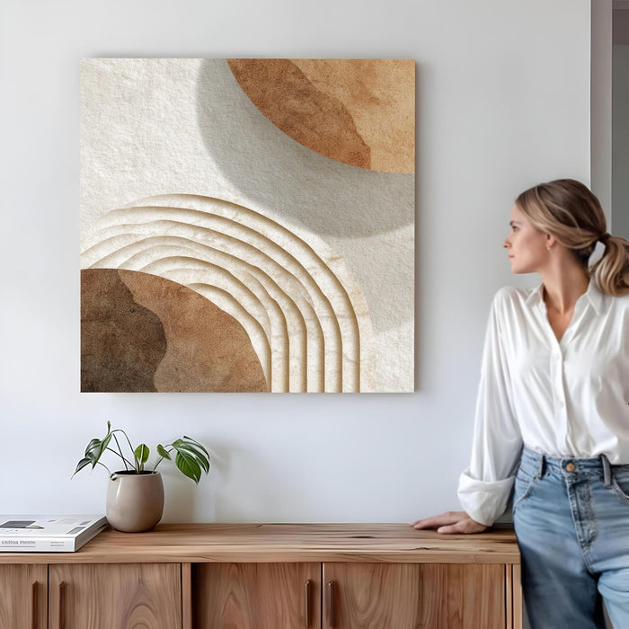 Boho Geometric Circles Stretched Canvas Wall Art Painting For Living Room, Modern Minimalist Earth Tone Painting for Living Room, Office & Home Decor (56xx56 cm)