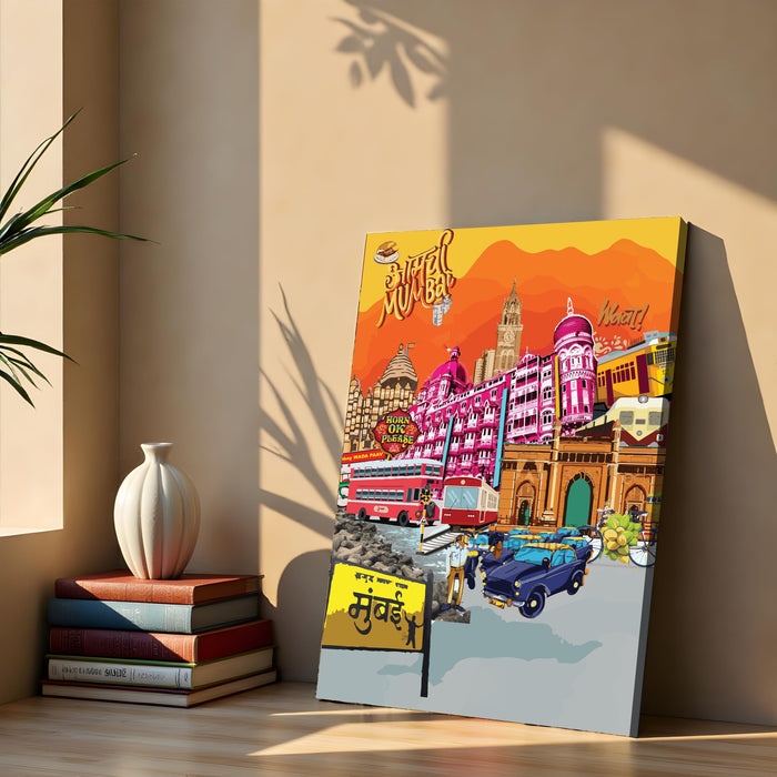 Mumbai Landmarks Collage Mixed Media Canvas Wall Painting | Travel pop art Canvas Wall Painting For Home and Office Wall Décor (41x56 cm)