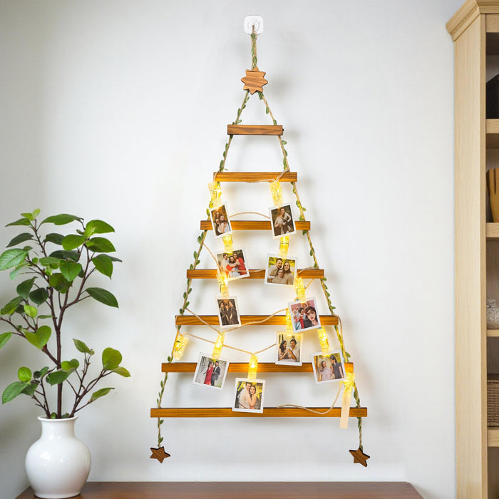 Wall Hanging Christmas Tree Photo Holder with 12 Warm LED Clip Lights Wooden Photo Hanger 46x94 cm