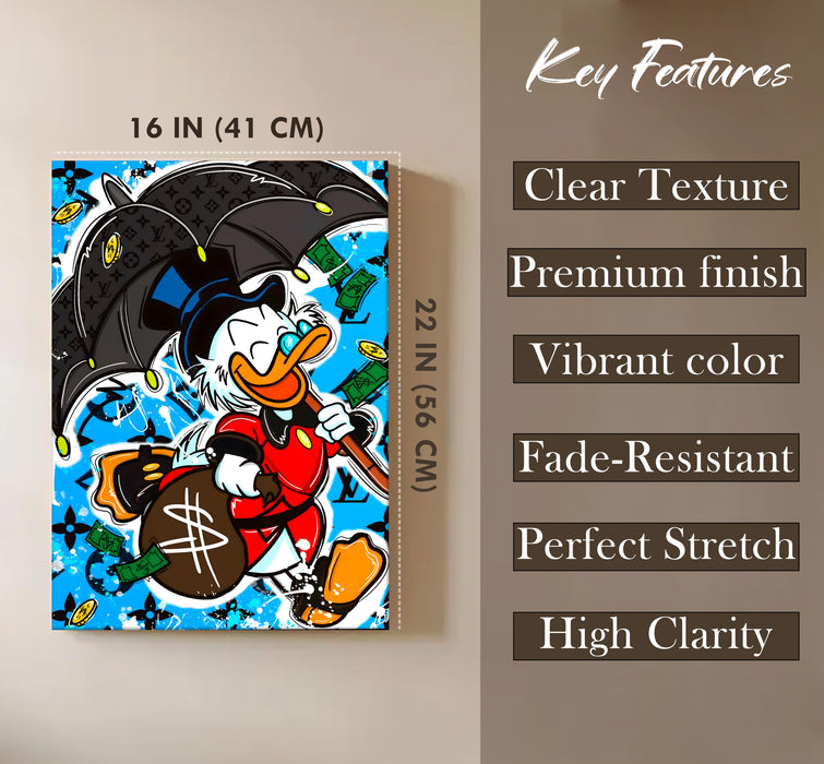 Luxury Cartoon Duck Pop Art Stretched Canvas Painting Print | Money & Success Theme Street Art Wall Décor | Modern Graffiti Style Artwork for Home & Office, 41x56 cm