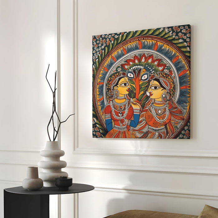 Madhubani Two Women Painting for Wall Decoration | Flower Canvas Wall Painting for Living Room, Bedroom, Home and Office Wall Decor (41x41 Cm)