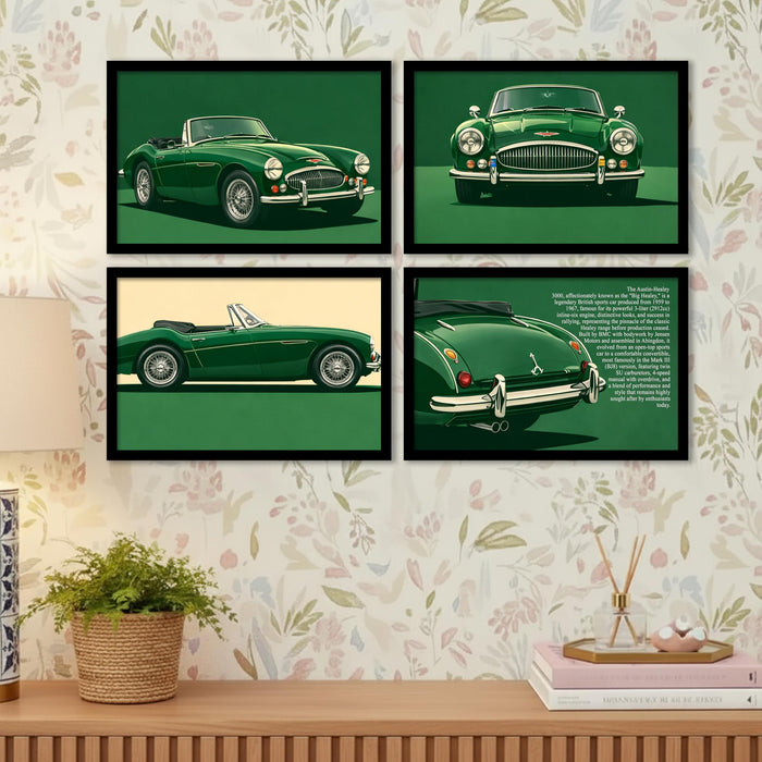 Austin-Healey 3000 Framed Wall Art Set Painting of 4 | Classic British Sports Car Illustration Prints for Living Room, Office & Studio Décor, 23x32 cm