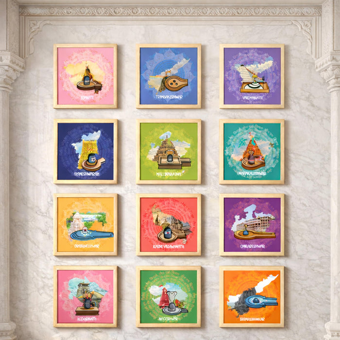 12 Jyotirlinga Wall Art Painting For Living Room | Lord Shiva Sacred Temples Framed Wall Art Paintings | Spiritual Home Decor Frames for Pooja Room, Office | Religious Gift Set (Set of 12), 9x9 Inch