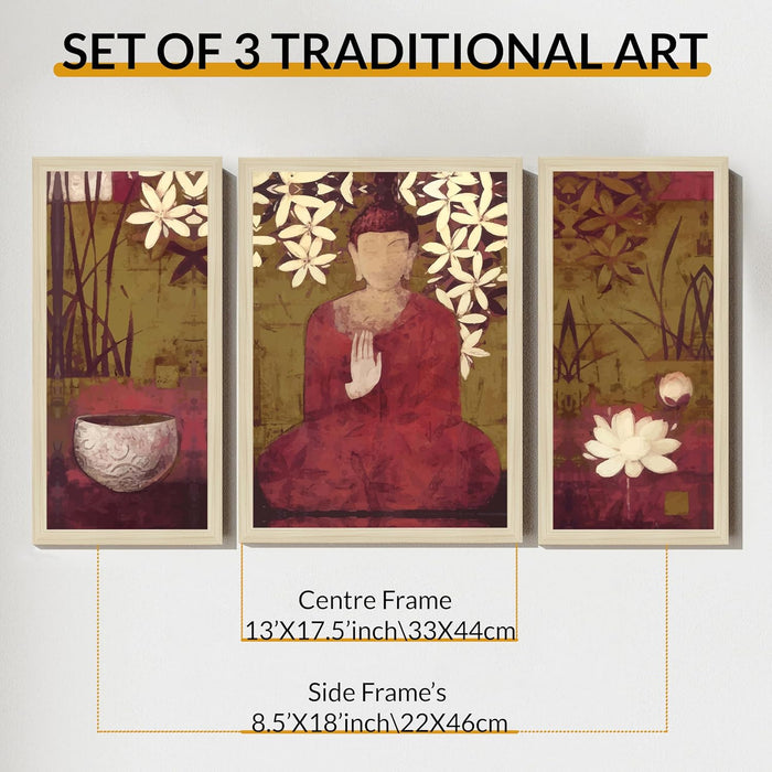 Buddha Floral Abstract Framed Wall Art Painting Home Décor Pack Of 3 | Digital Scenery Painting with Frame, Office Set Of 3, 22x46 cm, 33x44 cm