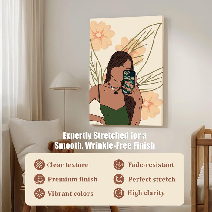 P Abstract Women cell phone Stretched Canvas Wall Art Modern Boho Illustration Painting for Home & Office Wall Decor, (16x22 Inch)
