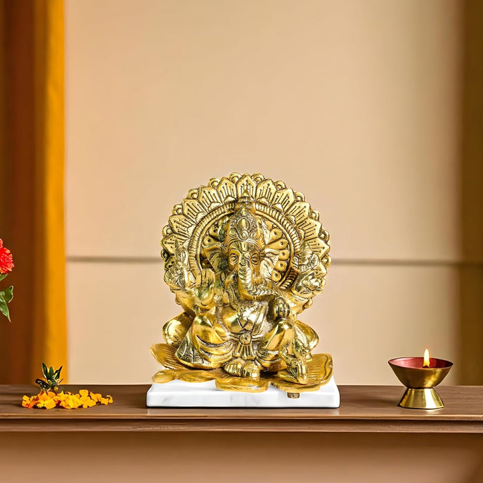 Metal Ganesha Sitting Idol on Lotus Traditional Ganesha Brass Finished Idol Diwali Decoration, Brass Finished, Handcrafted Design 14x16 cm