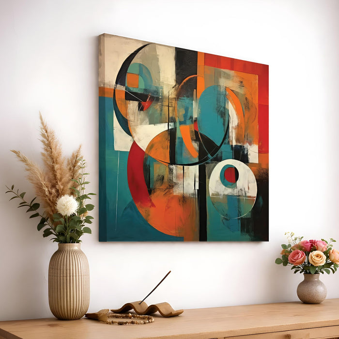Geometric Abstract Stretched Canvas Painting For Living Room | Mid-Century Modern Wall Art Large Canvas Painting For Livingroom Home Decor, Bedroom, Hallway's, Office, Hotel - 86x86 cm