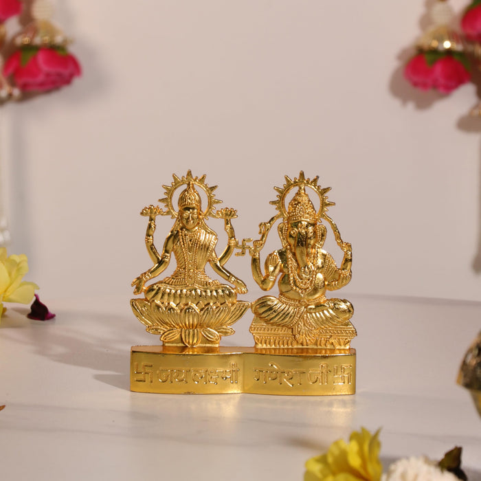 Metal Jay Lakshmi Ganesh Ji Brass Finished Idol Standable Statue Plate Brass Finished Idols for Deepawali Decoration, Ganesha 11x11 cm