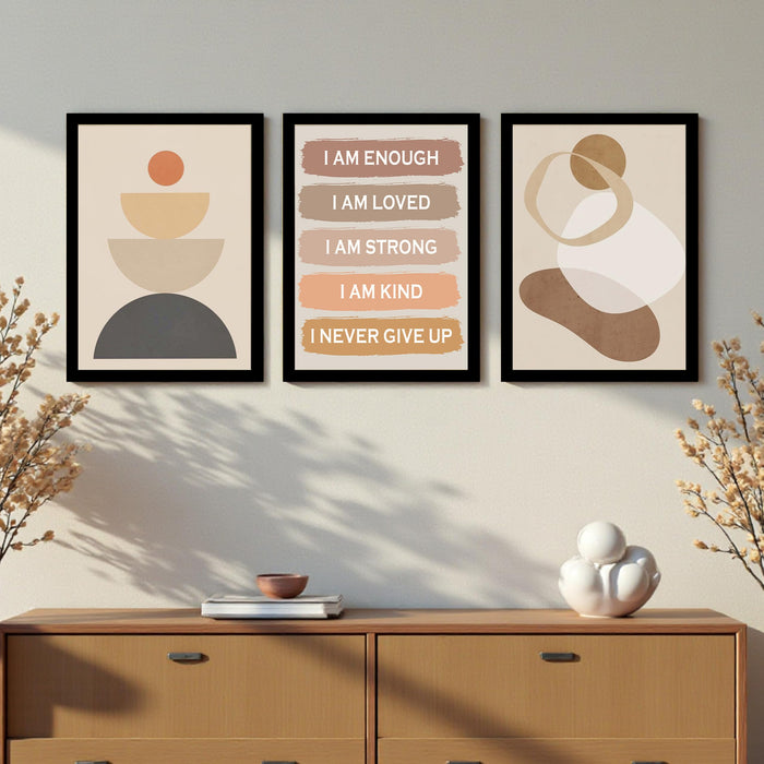 PAINTINGMANTRA Self Motivational Boho A3 Framed Posters for Living Room with Frame, I AM ENOUGH Bohemian Quotes Wall Poster for Home Decor Bedroom Hallways Office Hotel Set of 3, Size 33x45 cm