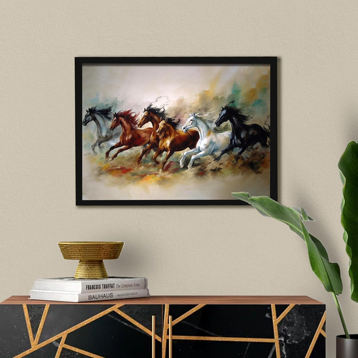 Abstract Wall Art Eight Running Horses Vastu Feng Shui Multicolor | Digital Painting Framed with Engineered Wood Frame (17x23 Inch)