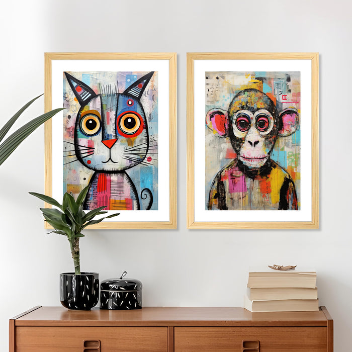 Modern Art Paint Brush Stroke Texture, Monkey and Cat Wall Painting, Set of 2 (Blue, 13x18 Inch)