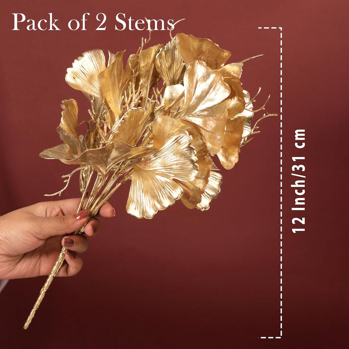 Golden Ginkgo Leaves Stems, Fake Faux Shrubs Made of PVC, UV Resistant Home Décor 31 cm