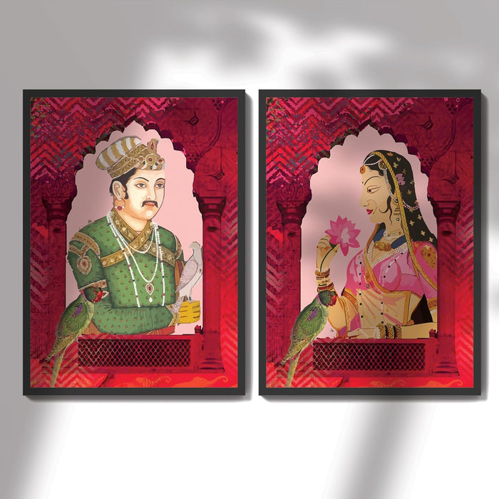 Art Street Laminated Framed Wall Art Prints Shah Jahan Mumtaz Miniature Art For Wall Décor Abstract Art (Set of 2, Size - 12.7x17.5 Inch)