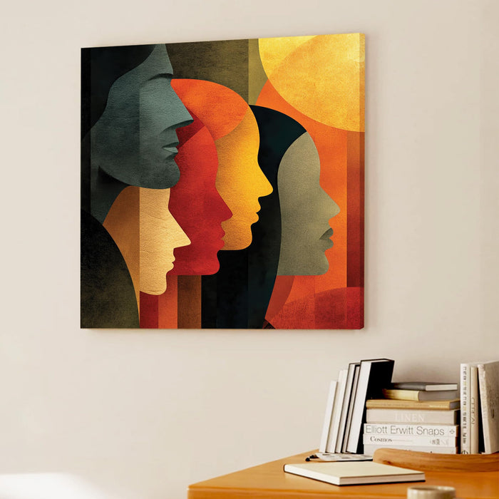 Boho Cubist Faces Stretched Canvas Painting For Living Room | Abstract Portrait Wall Art Large Canvas Painting For Livingroom Home Decor, Bedroom, Hallway's, Office, Hotel - 86x86 cm