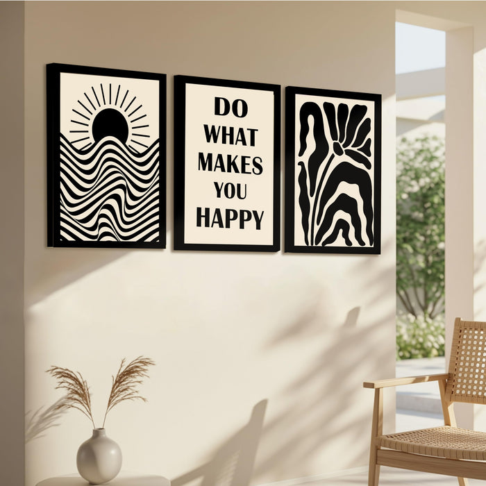 PAINTINGMANTRA Motivational Boho A3 Framed Posters for Living Room with Frame, Do What Makes You Happy Bohemian Quotes Wall Poster for Home Decor Bedroom Hallways Office Hotel Set of 3, Size 33x45 cm
