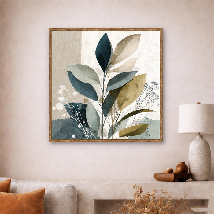 Abstract Botanical Leaf Framed Painting For Living Room | Modern Nature Leaves Large Canvas Painting With Frame Wall Art For Bedroom, Hallway's, Office, Hotel, Size 58x58 cm