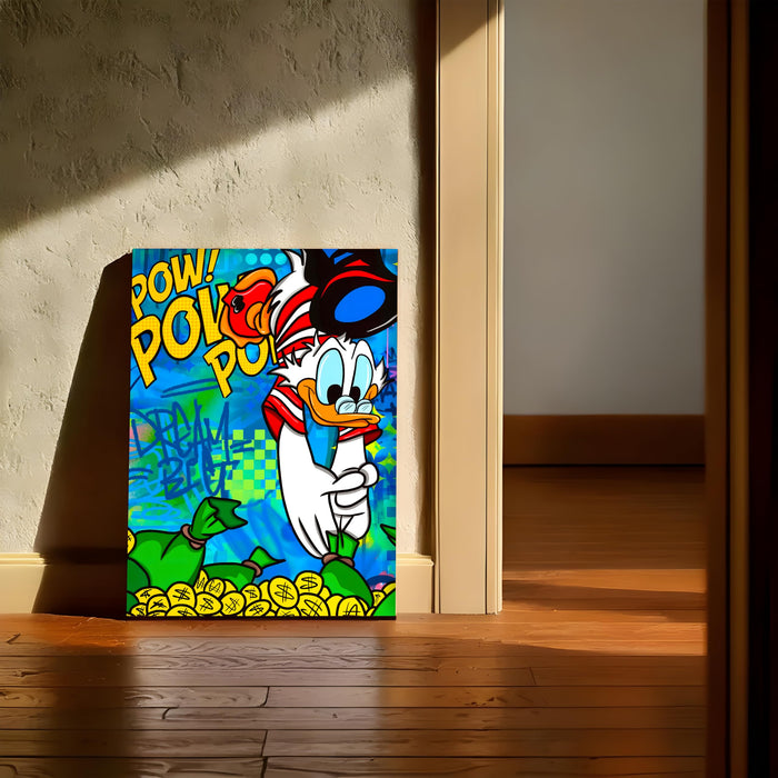 Pop Art Cartoon Duck Money Wall Painting | Comic Graffiti Style Stretched Canvas Art Print| Modern Street Wall Art for Home & Office, 41x56 cm