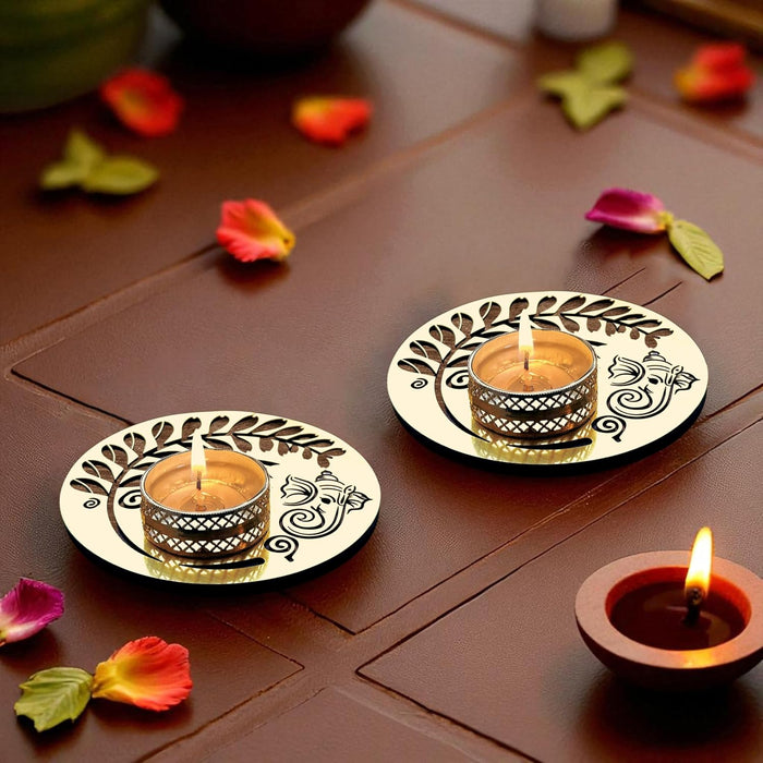 Decorative Diwali Tealight Diya Holders for Home Decoration, Dipawali Décor Items, Diwali Temple Decoration - Pack of 4 MDF Wood Tea Light Candle Holder Deity Ganesha Stand –11.5x11.5 cm