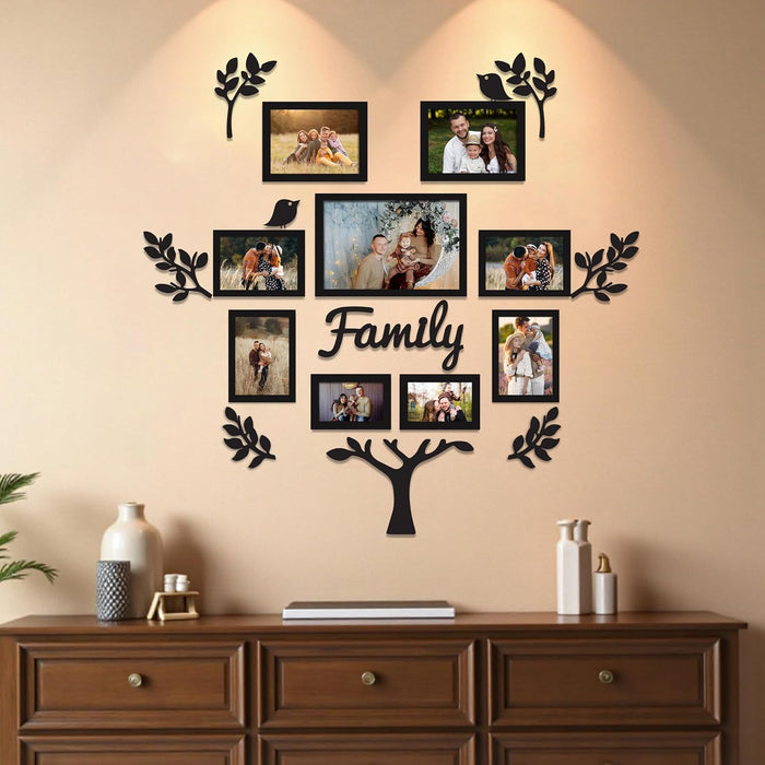Family Tree Wall Photo Frame Set Pack of 9 with 10 MDF Cutouts for Home Decoration Wall Photo Frame Collage for Living Room Bedroom