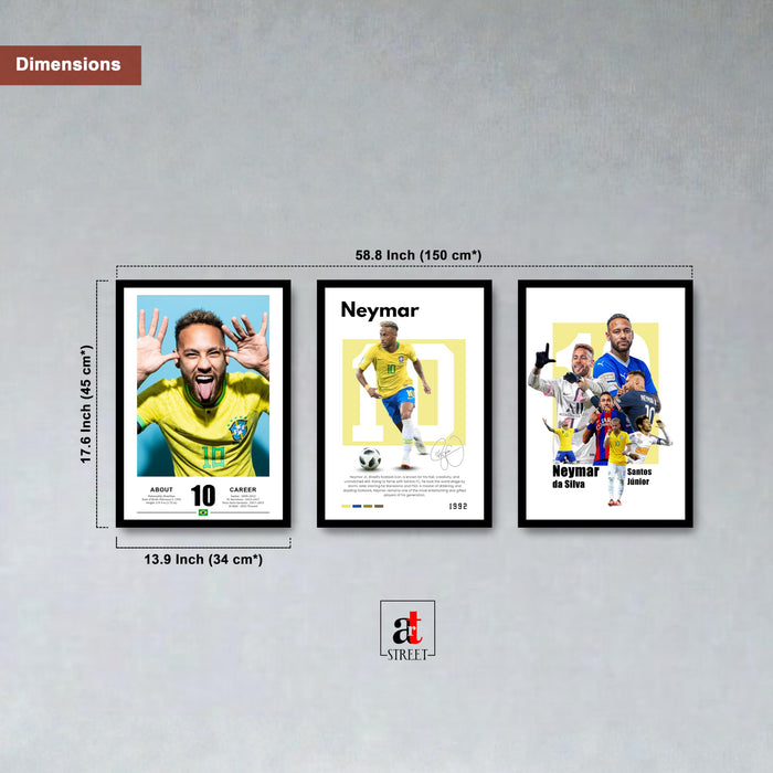 Neymar Jr Brazil Sports Painting With Frame for living room, Football Player Framed Wall Art Painting for Home Decor Set of 3, Size 13.6 by 17.9 Inch