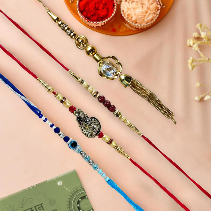 Art Street Brother Rakhi Gift Combo Set One Peacock Rakhi for Brother, Lumba Rakhi For Bhabhi, One Evil Eye For Kids, One Mauli Rakshabandhan Rakhi/Lumba Rakhi/Rudraksh Rakhi/Gift Hamper