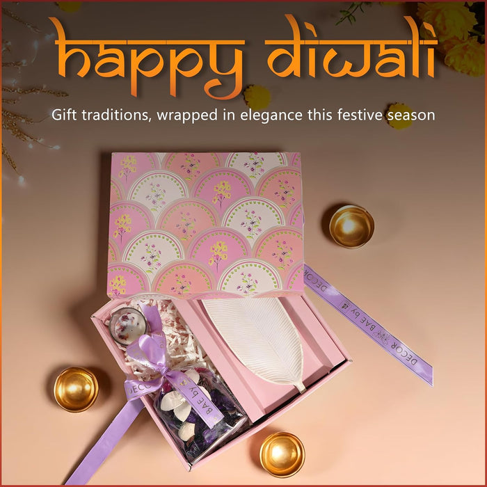 Diwali Gift Hamper Box with Mogra Scent Potpourri, Glass Candle and Tray, Friends and Relatives (Pack of 4)