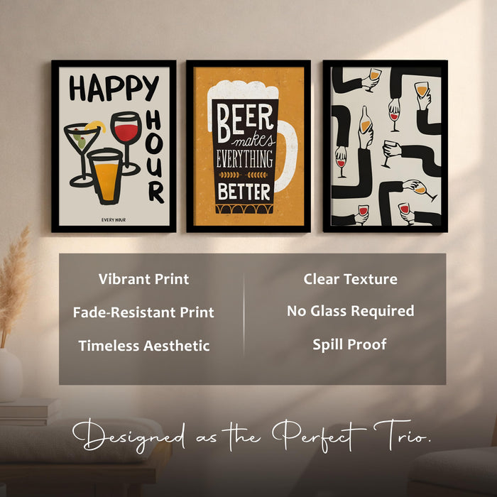 Bar and Beer Retro Graphic A3 Framed Poster for Living Room With Frame, “Happy Hour” Retro Framed Posters for Home Decor Bar Pub Lounge Dining area restaurant Hotel Set of 3, Size 33x45 cm