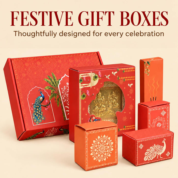 Pooja Hamper Box with Laxmi Ganesh Frame, Laxmi Charan, Aarti Sangrah, Ghanti, Agarbatti and Candle for Diwali Celebration and Gift for Family, Friends and Relatives (Pack of 7)