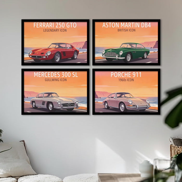 Classic Iconic Cars Framed Painting Wall Art Painting Set of 4 | Retro Luxury Car Illustration Prints for Living Room, Office & Studio D cor, 23x32 cm