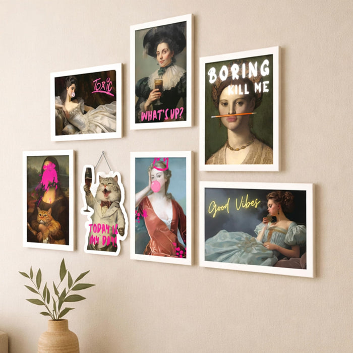 Modern Pop Art Framed Wall Art Set of 7 (1 MDF wall Hanging), Classical Portraits with Bold Quotes & Graffiti Style | Trendy Wall Decor Framed Painting for Living Room, 9x13 Inch