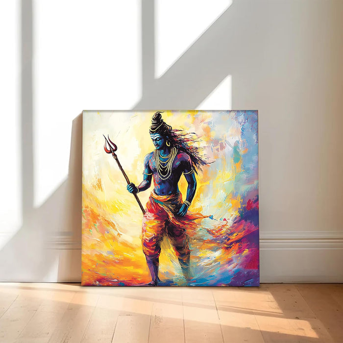 Abstact Art Walking Lord Shiva Wall Decor Print Multicolor | Canvas Painting Stretched on Wood | Suits For Mandeer (16x16 Inch)