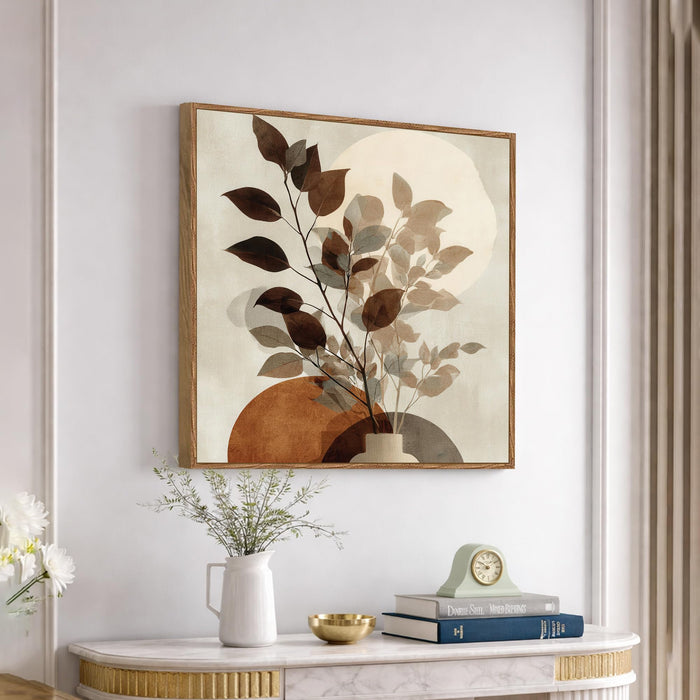 Abstract Vase Leaf Framed Painting For Living Room | Modern Botanical Large Canvas Painting With Frame Wall Art For Bedroom, Hallway's, Office, Hotel, Size 58x58 cm