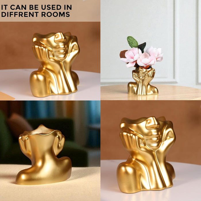 Golden Resin Face Flower Vase Handmade Human Face Shaped Pot Decorative Showpiece – 11x13 cm