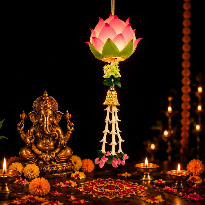 Pink Lotus LED Hanging Lantern Light for Diwali Decoration, Festive Home Decor, Mandir, Puja Room & Traditional Indian Festival Decoration