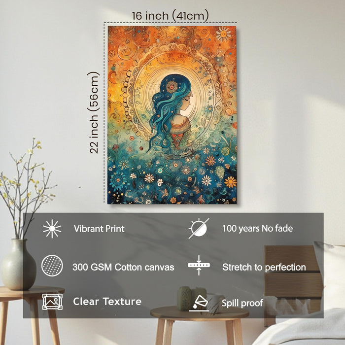 PAINTINGMANTRA Women Portrait Flower Motif Pattern Wall Painting | Stretched Canvas Flower Wall Painting for Living Room, Bedroom, Home and Office Wall Décor (41x56 cm)