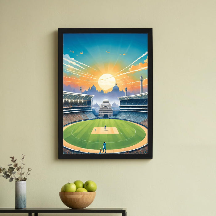 Framed Wall Hanging Art Print of Cricket Batsman Batting Sports Poster For Home Decor (12.7X17.5 Inch)